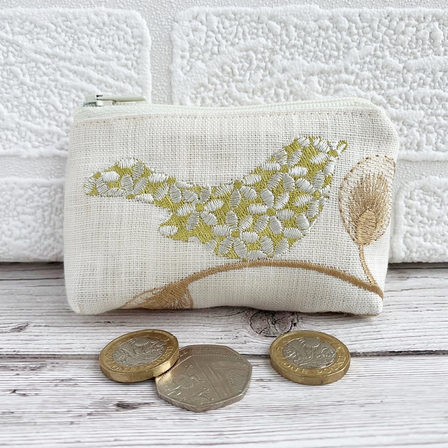Small purse, coin purse with lime green stylised bird