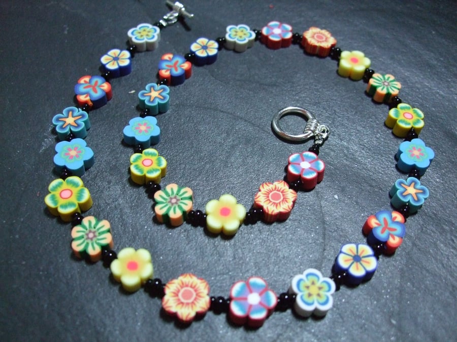 Flower Power Collection Primary Colours Garland Kitsch Polymer Clay Necklace