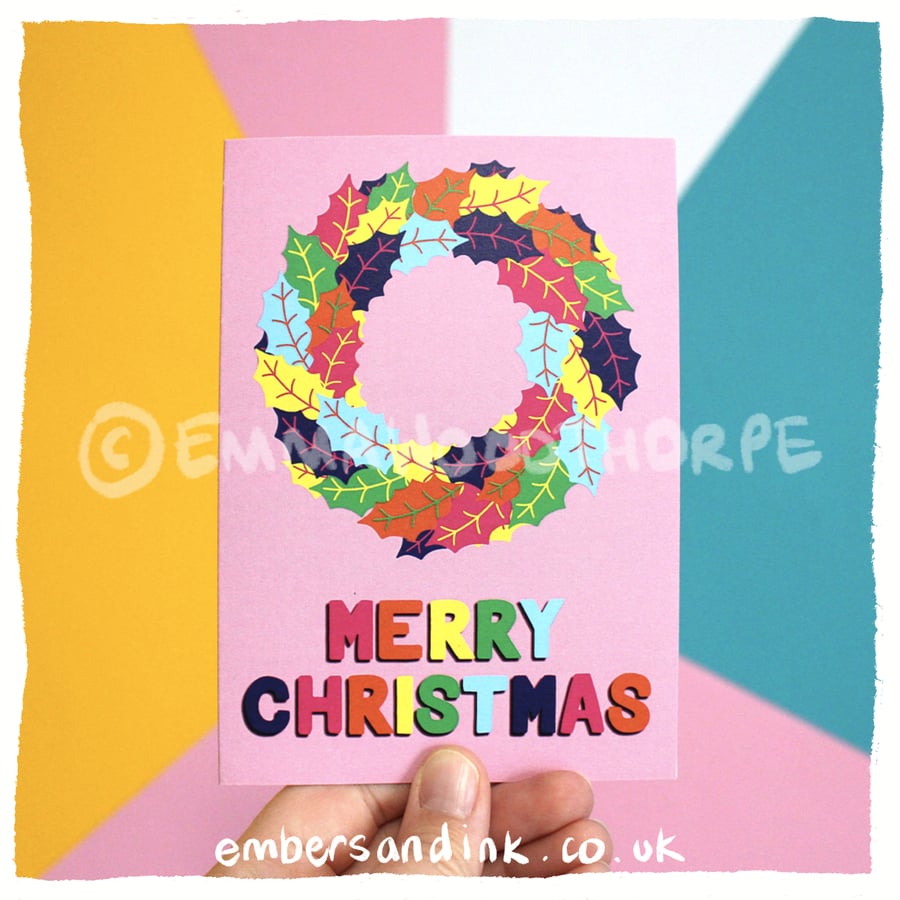 Pink Rainbow Holly Wreath Christmas Greetings Card