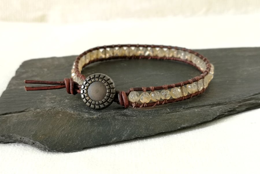 Citrine semi precious bead and leather bracelet, November birthstone 