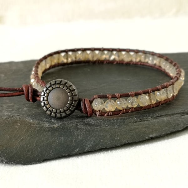 Citrine semi precious bead and leather bracelet, November birthstone 