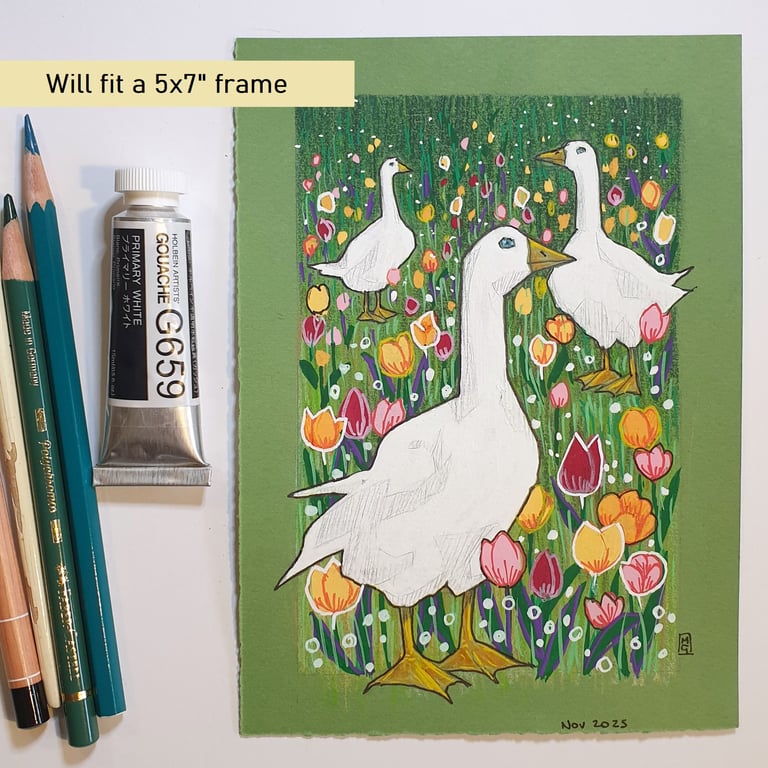Three white geese with tulips, original artwork, bird wall art
