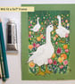 Three white geese with tulips, original artwork, bird wall art
