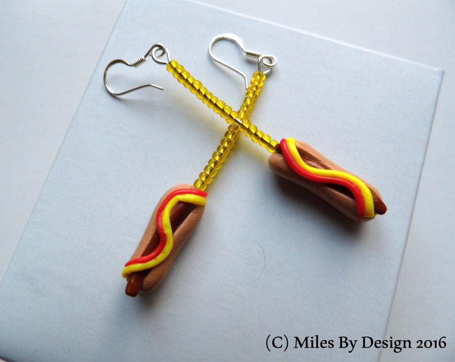 Sterling Silver Hot Dog Drop Earrings - Gifts - Polymer Clay