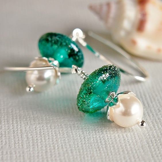 Teal Blue Green Earrings - Pearl Earrings - Swarovski - Lampwork Glass