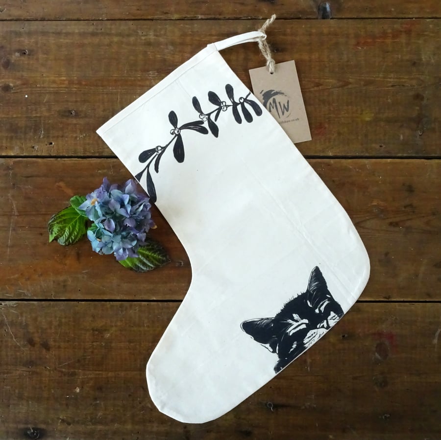Sleeping Black Cat Christmas Stocking, cat lover gift, personalised, pet gift