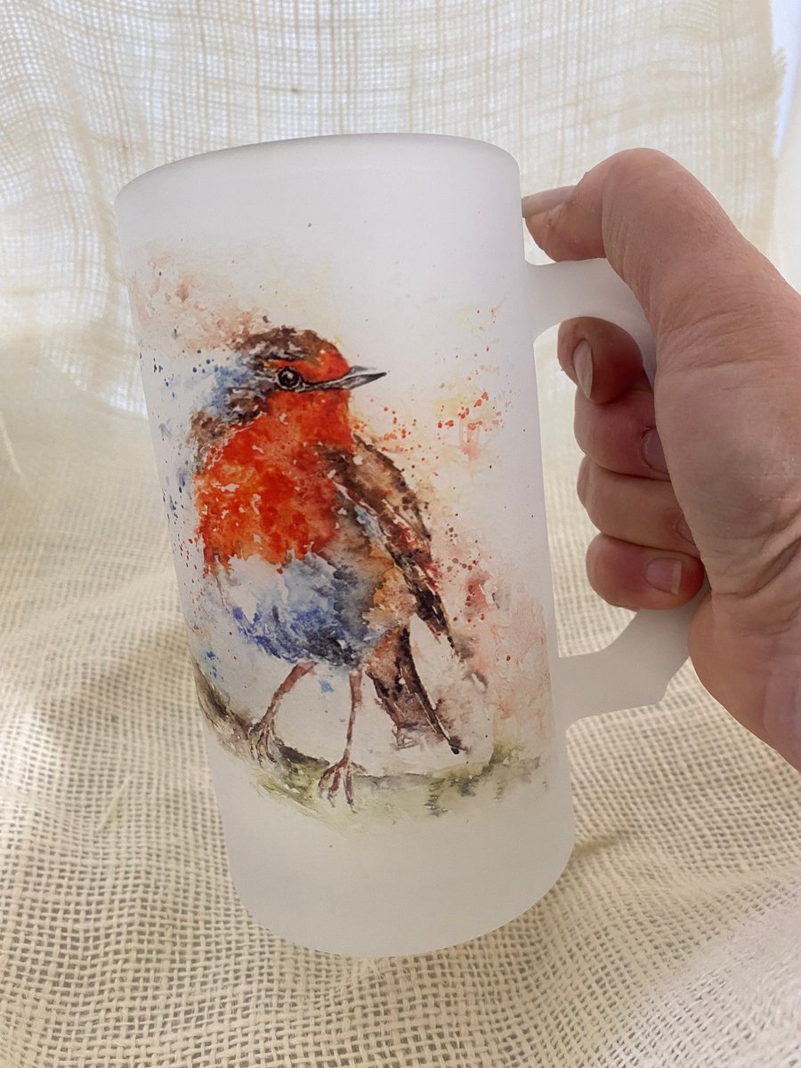 Robin Frosted Beer Glass, 500ml Glass Stein with Handle. 