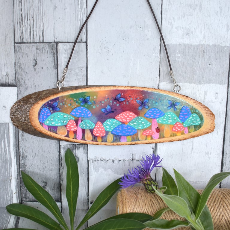 Fantasy Toadstool Garden. Hand painted wood slice plaque