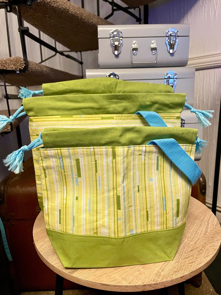 Drawstring project bag for knitting, crochet or embroidery - 80's lemony stripes