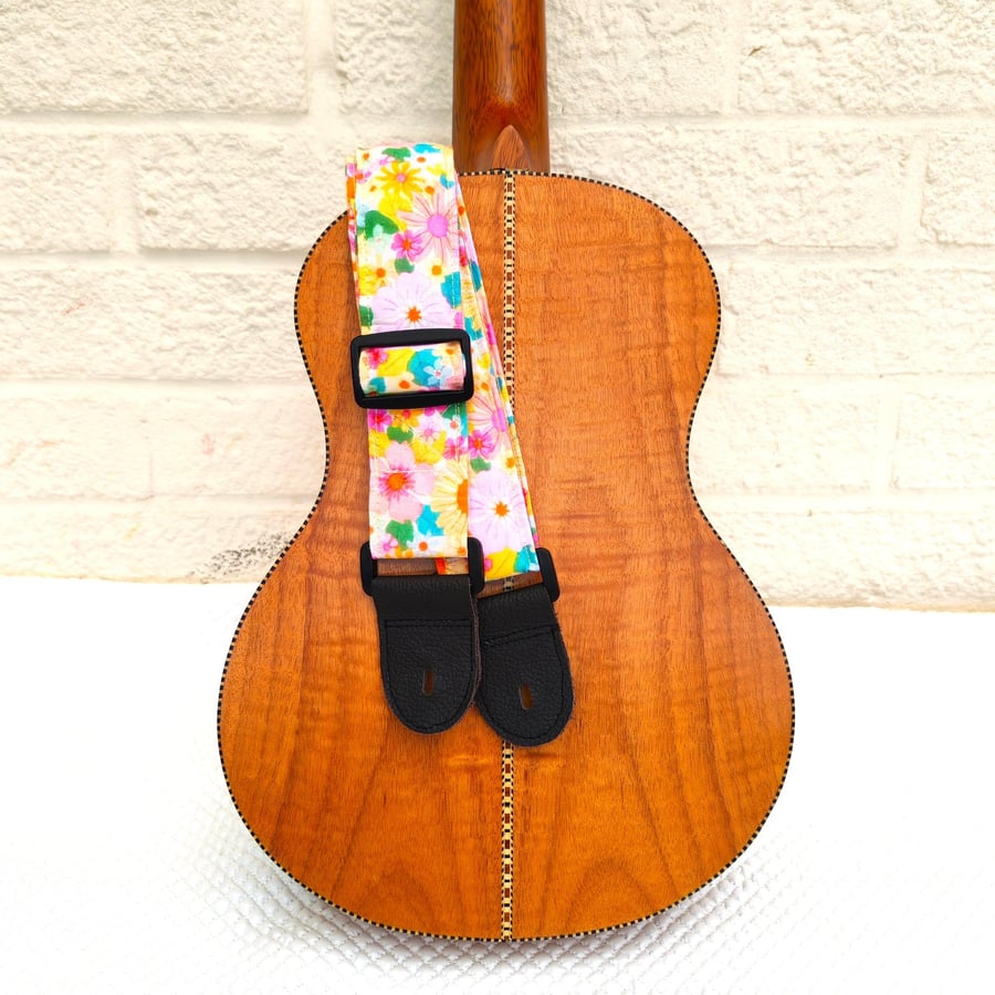  1.5 inch Wide Handmade adjustable ukulele neck strap in pretty, bright florals