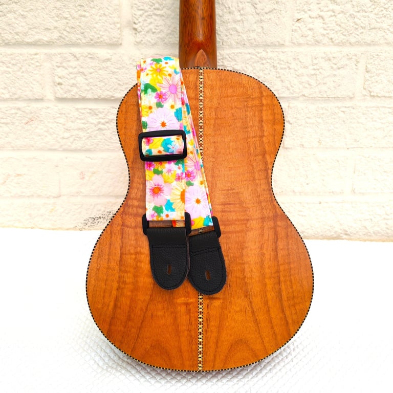  1.5 inch Wide Handmade adjustable ukulele neck strap in pretty, bright florals