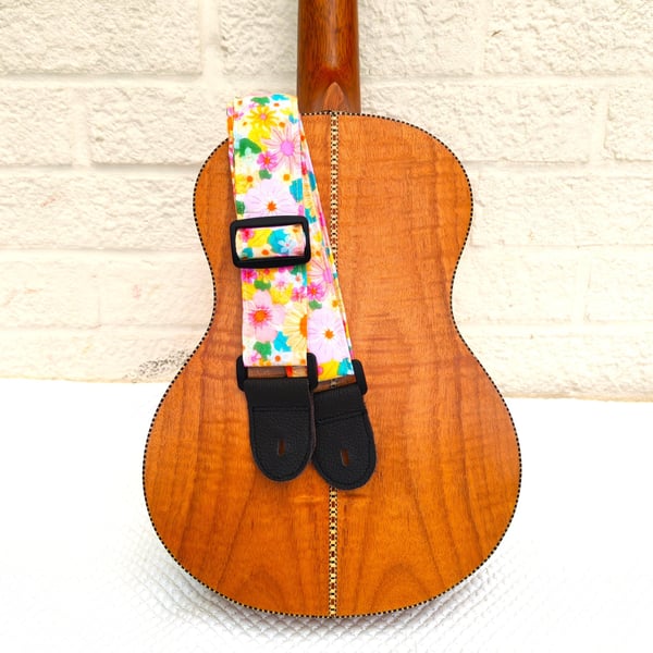  1.5 inch Wide Handmade adjustable ukulele neck strap in pretty, bright florals