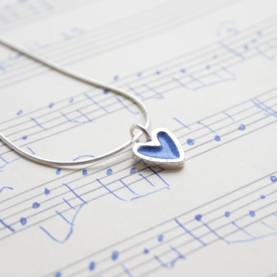 Silver and enamel heart necklace, dainty heart necklace