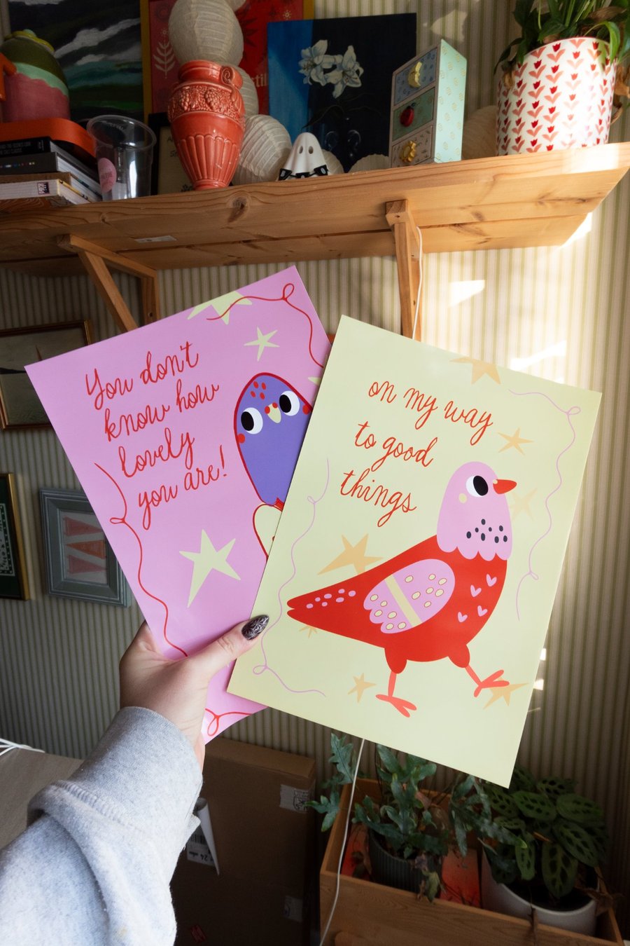 Set of 2 Retro Pigeon Poster. Cute Positive Affirmation Poster.