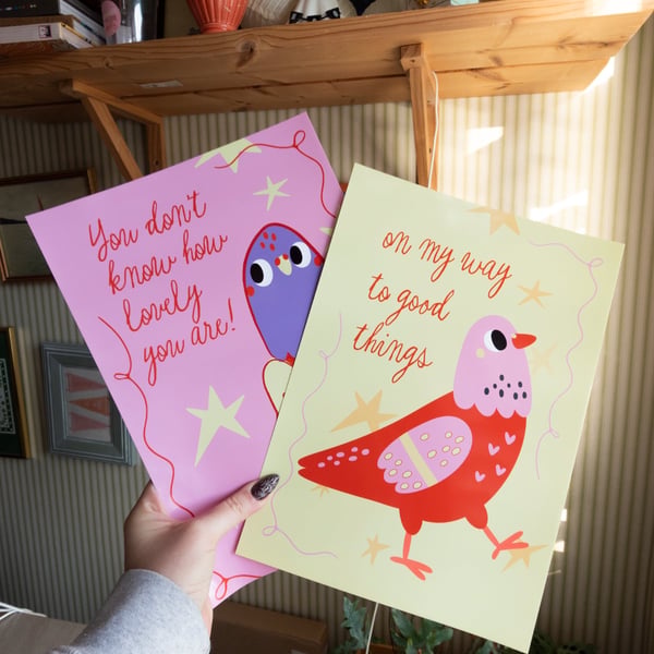 Set of 2 Retro Pigeon Poster. Cute Positive Affirmation Poster.