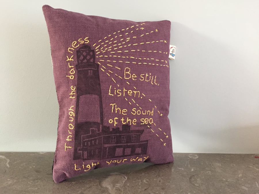 Purple Dream Sleep Pillow Lighthouse with 'Be Still…' embroidered in yellow