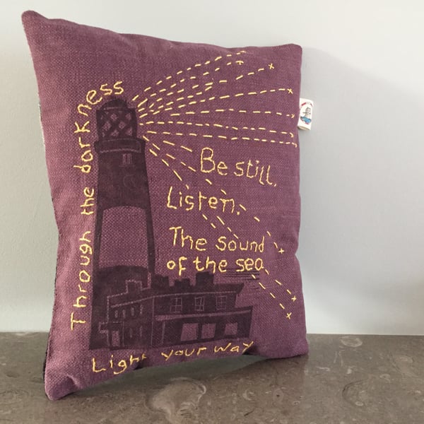 Purple Dream Sleep Pillow Lighthouse with 'Be Still…' embroidered in yellow