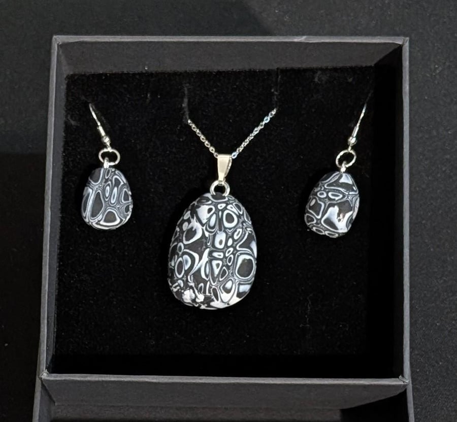 Mokume gane Black and White and silver Jewelry Set Handmade Polymer Clay Necklac