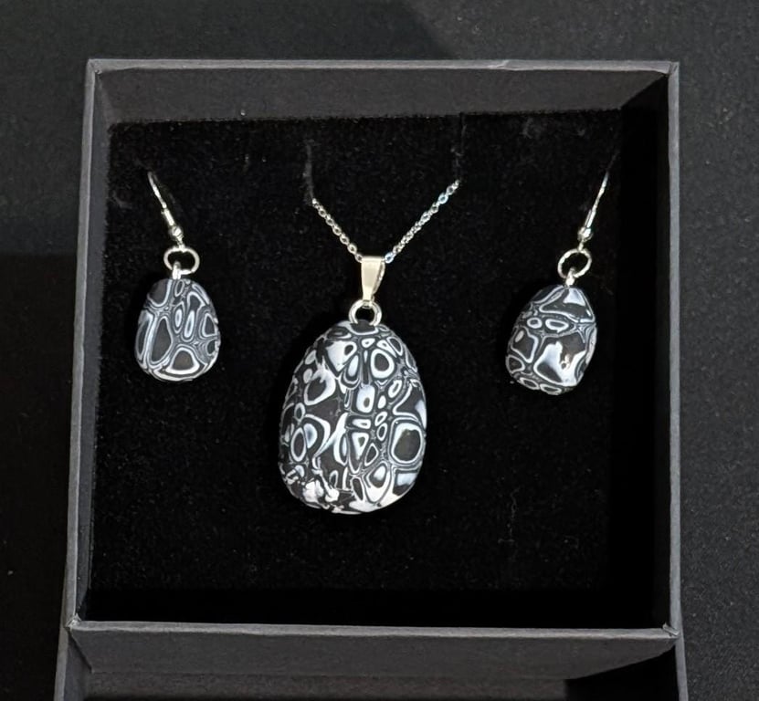 Mokume gane Black and White and silver Jewelry Set Handmade Polymer Clay Necklac