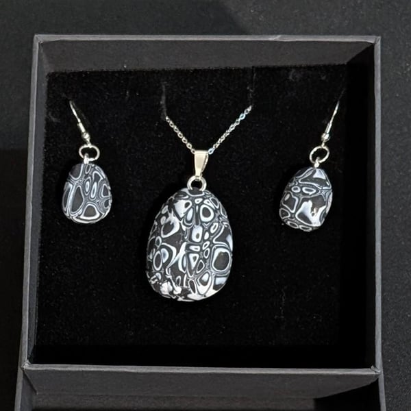 Mokume gane Black and White and silver Jewelry Set Handmade Polymer Clay Necklac