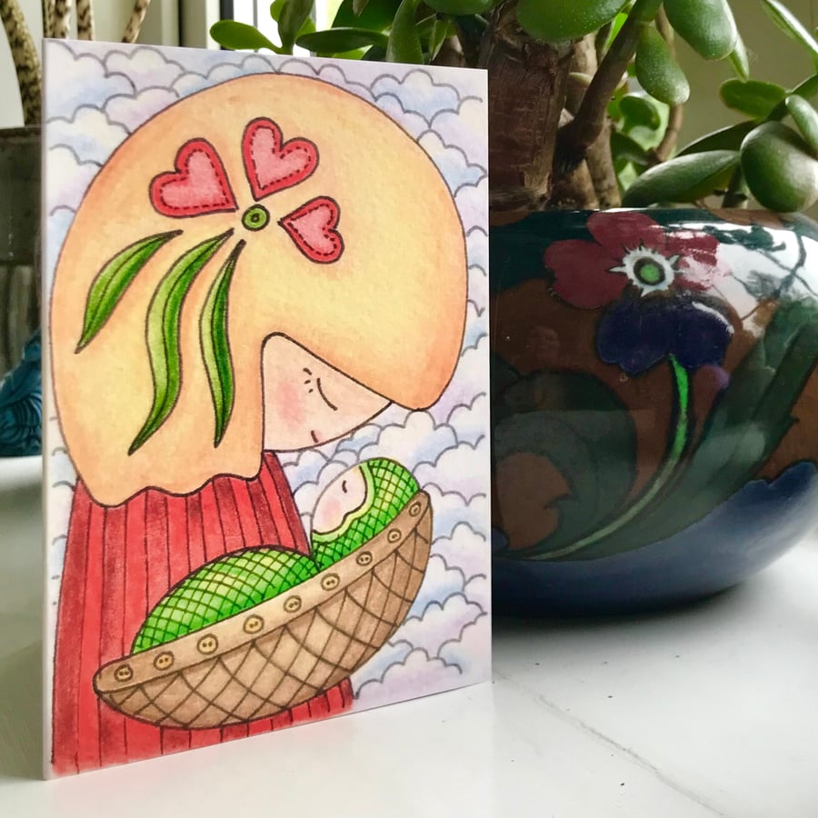 New Baby Card, Cute Kokeshi Doll Mother and Baby Art Print Greetings Card