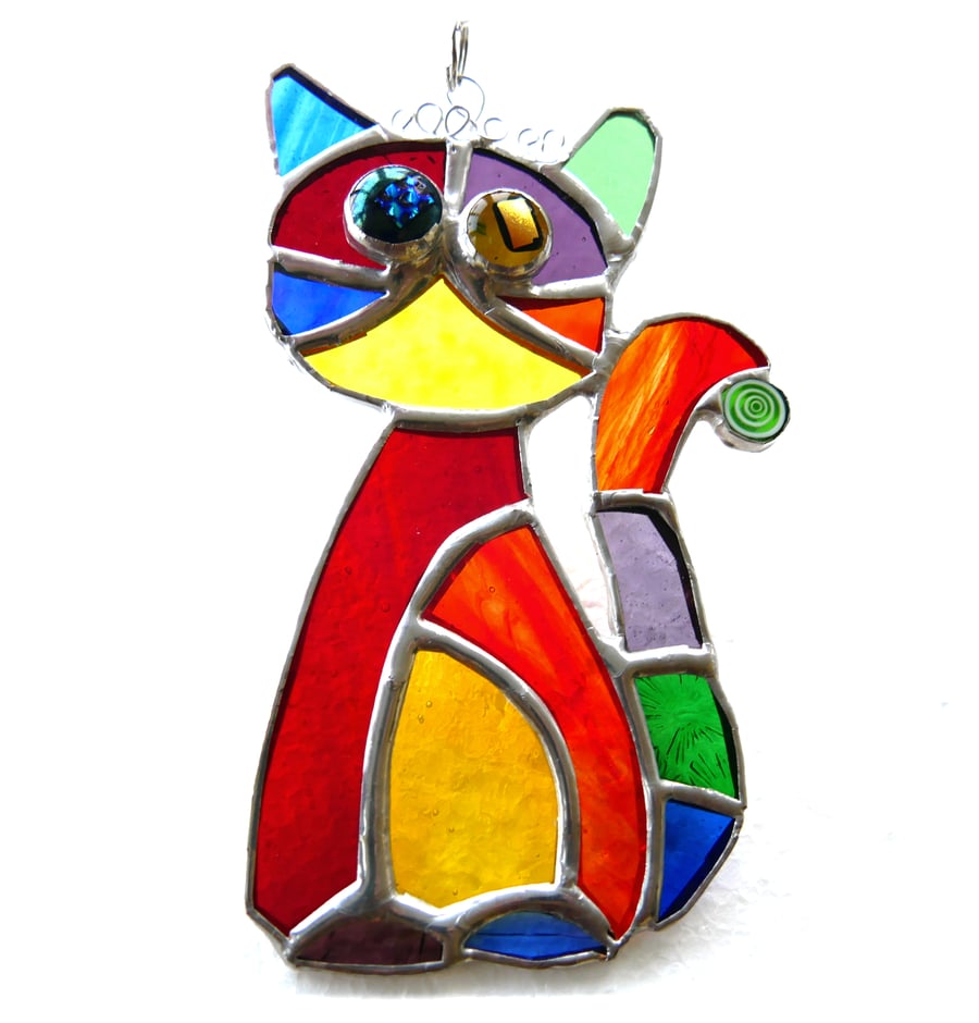 SOLD Cat Suncatcher Yellow Tum Stained Glass Rainbow Picasso Patchwork 017
