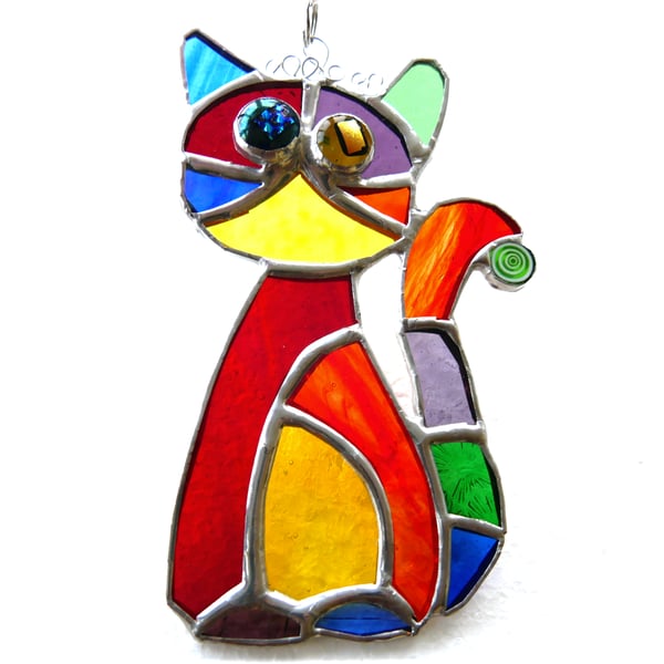 Cat Suncatcher Yellow Tum Stained Glass Rainbow Picasso Patchwork 017