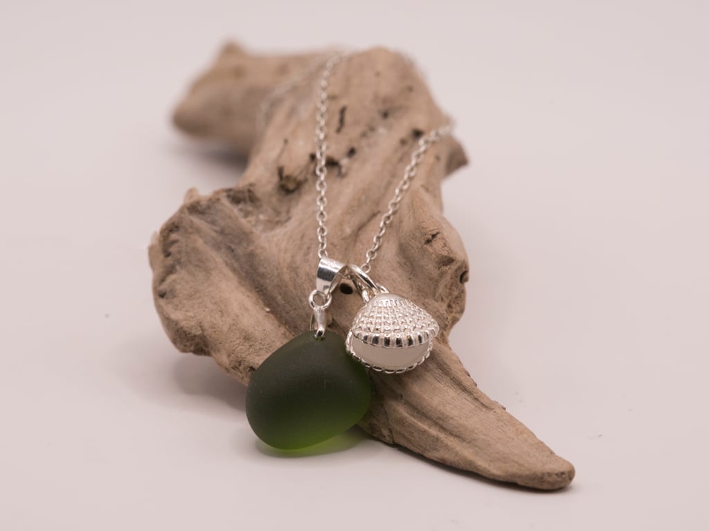Sterling silver deep green sea glass necklace and coastal charm