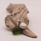 Sterling silver deep green sea glass necklace and coastal charm