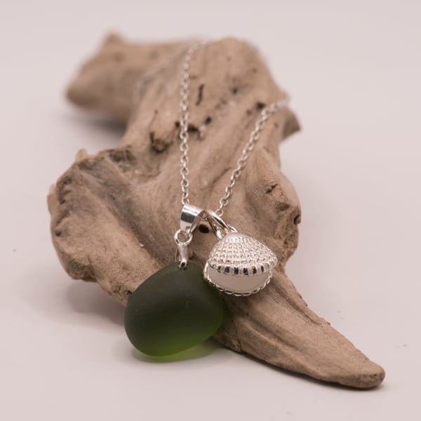 Sterling silver deep green sea glass necklace and coastal charm