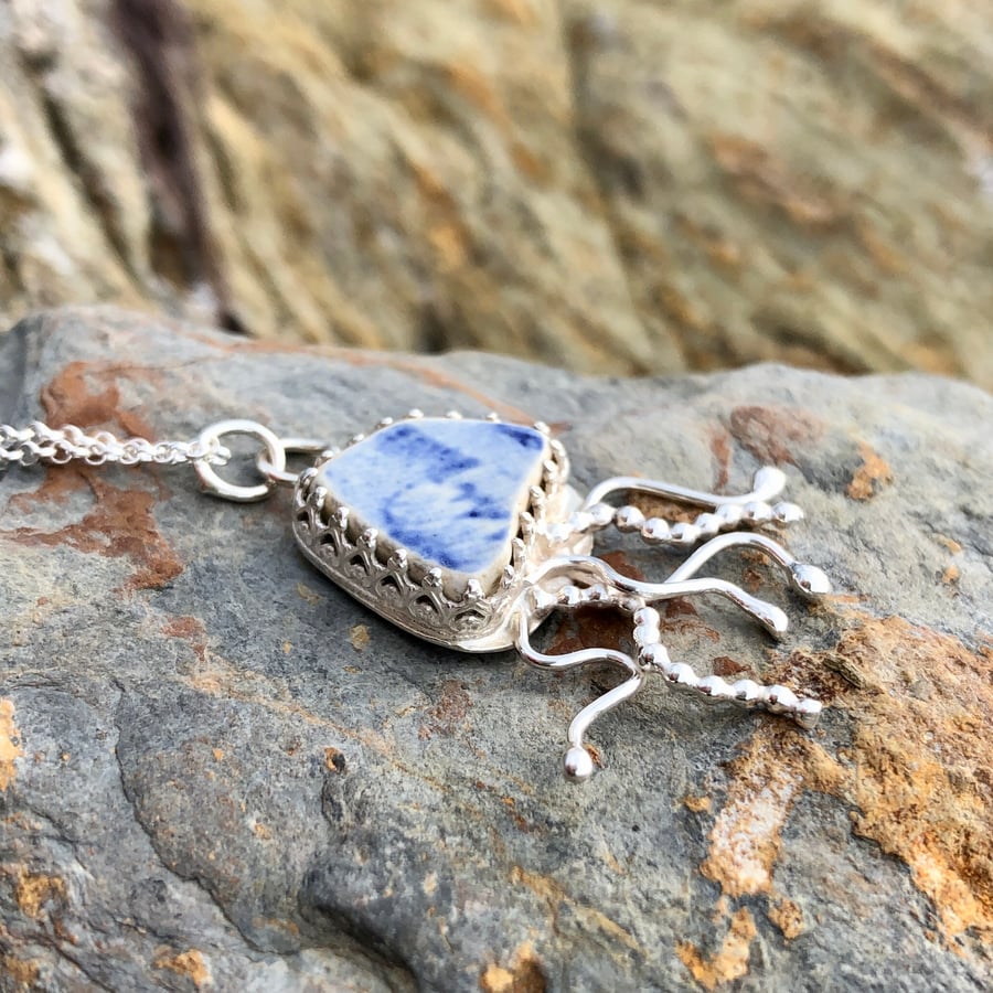Sea Pottery and Sterling Silver Jelly Fish Pendant Necklace - 1181