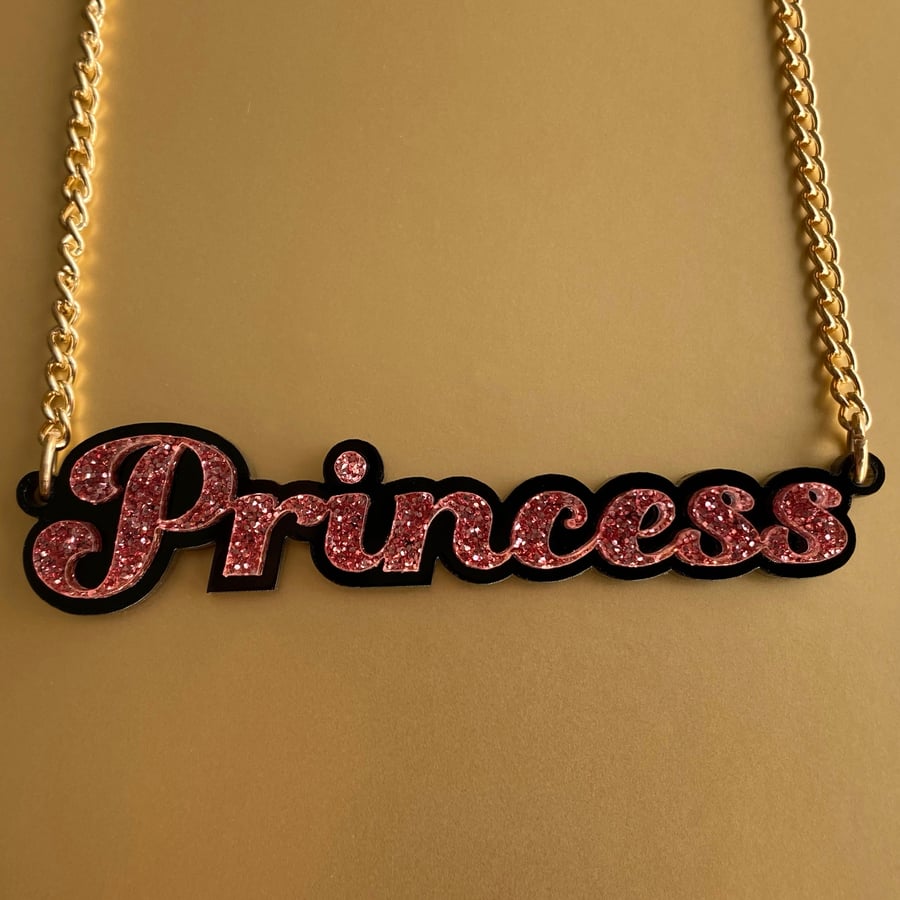 Princess pink glitter acrylic necklace