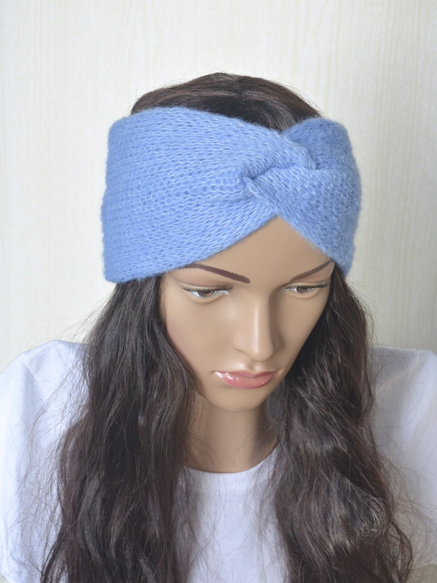 Knitted Headband Earwarmer Soft Alpaca Silk Summer Sky Blue Letterbox Gift