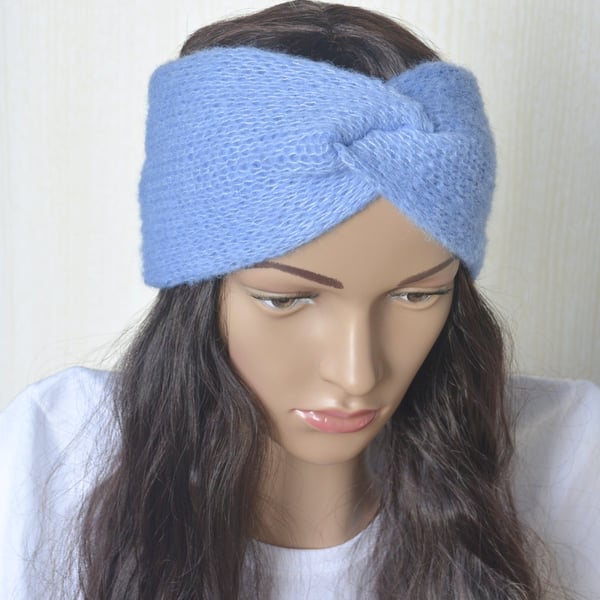 Knitted Headband Earwarmer Soft Alpaca Silk Summer Sky Blue Letterbox Gift