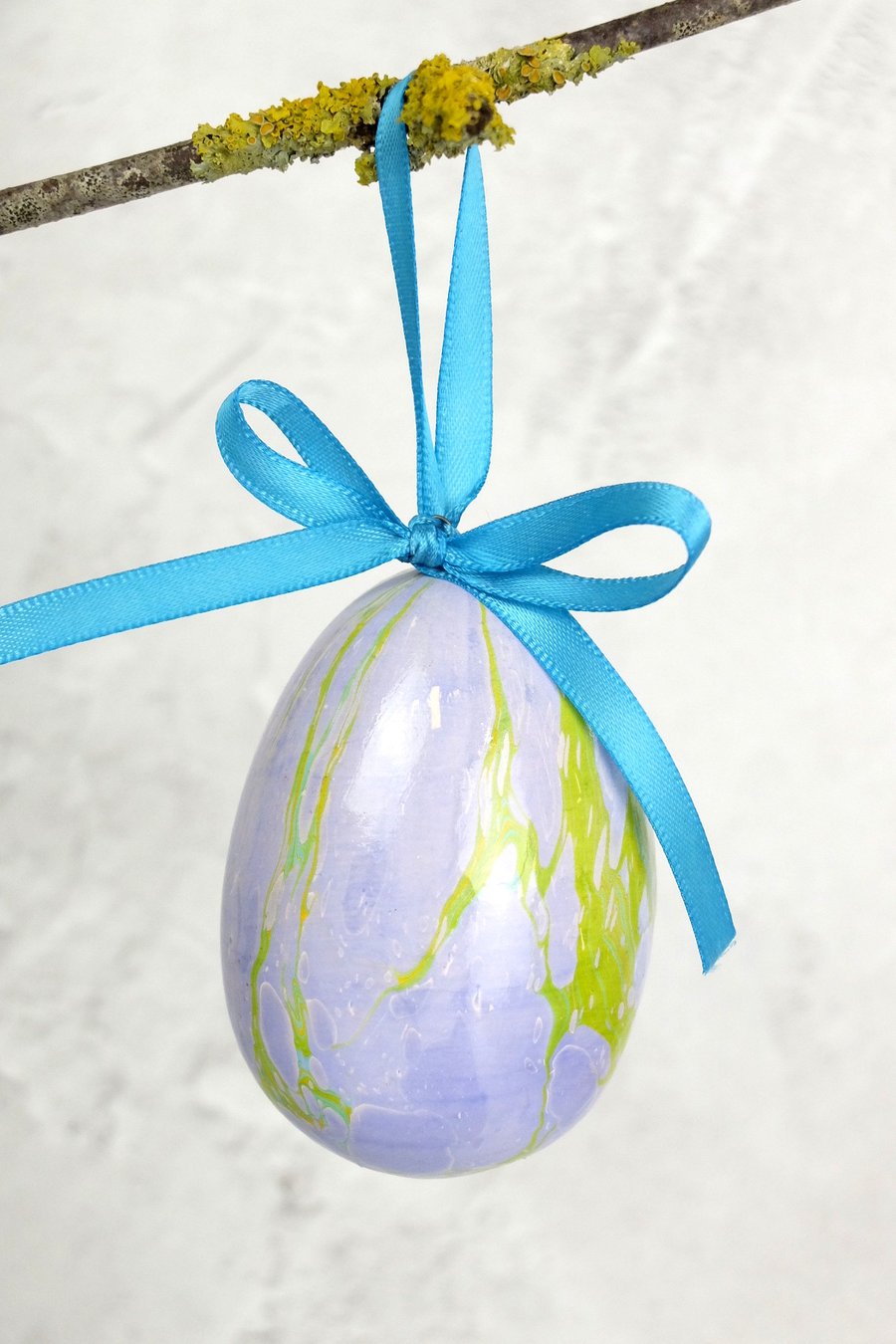 Marbled ceramic Easter egg hanging decoration lilac and chartreuse 