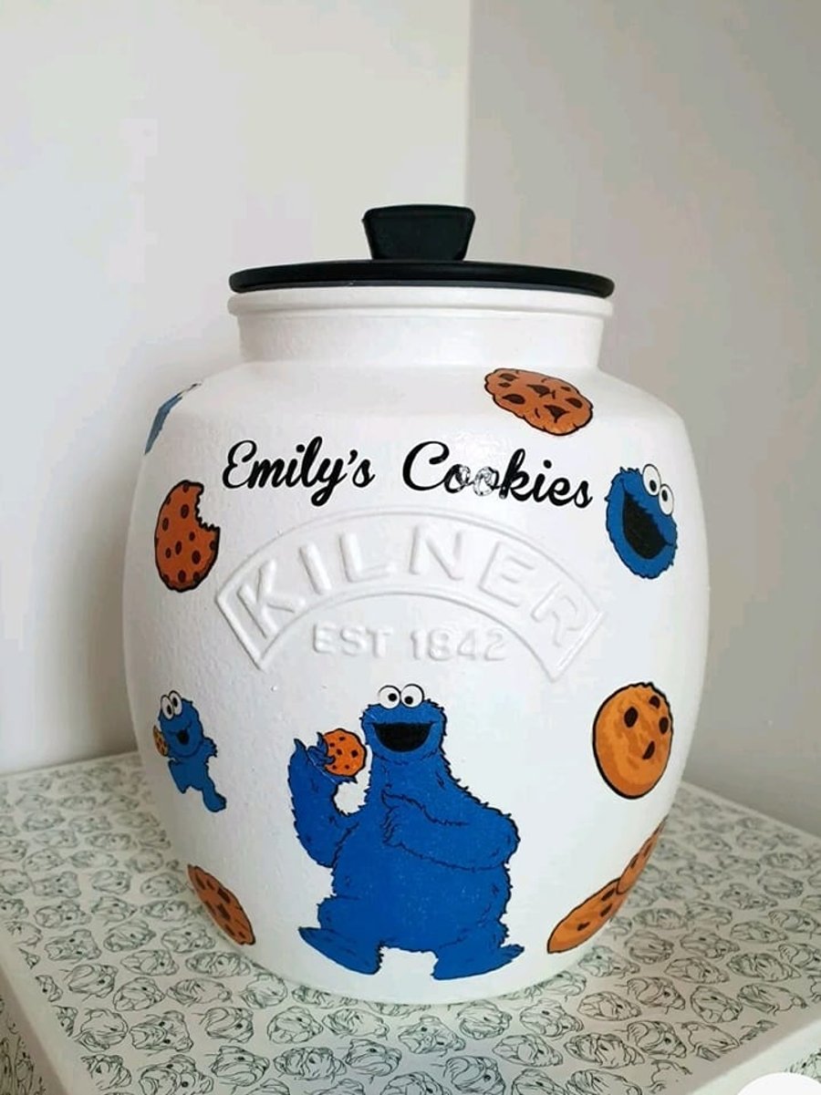 Cookie Monster hand painted and decoupaged  2ltr Kilner jar 