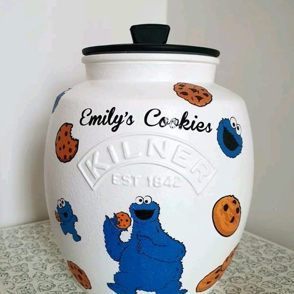 Cookie Monster hand painted and decoupaged  2ltr Kilner jar 