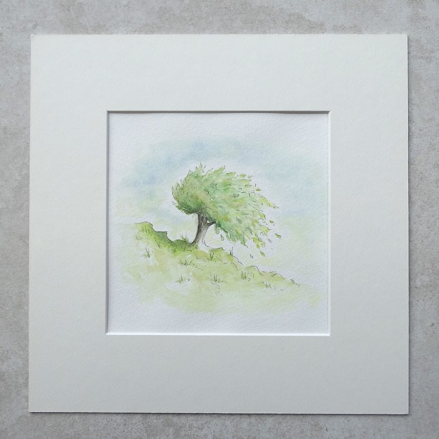 SALE  Watercolour Illustration 'Tree Hill' (Mount size 10" x 10")