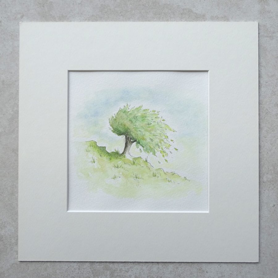 SALE  Watercolour Illustration 'Tree Hill' (Mount size 10" x 10")
