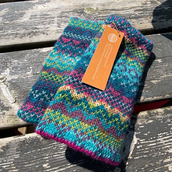 Fuschia, green and pink knitted fairisle wrist warmers 