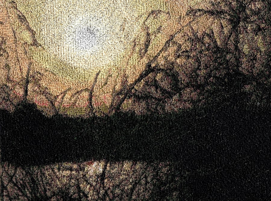 Embroidered Art - Lakeside Sunset.  A beautiful work of art