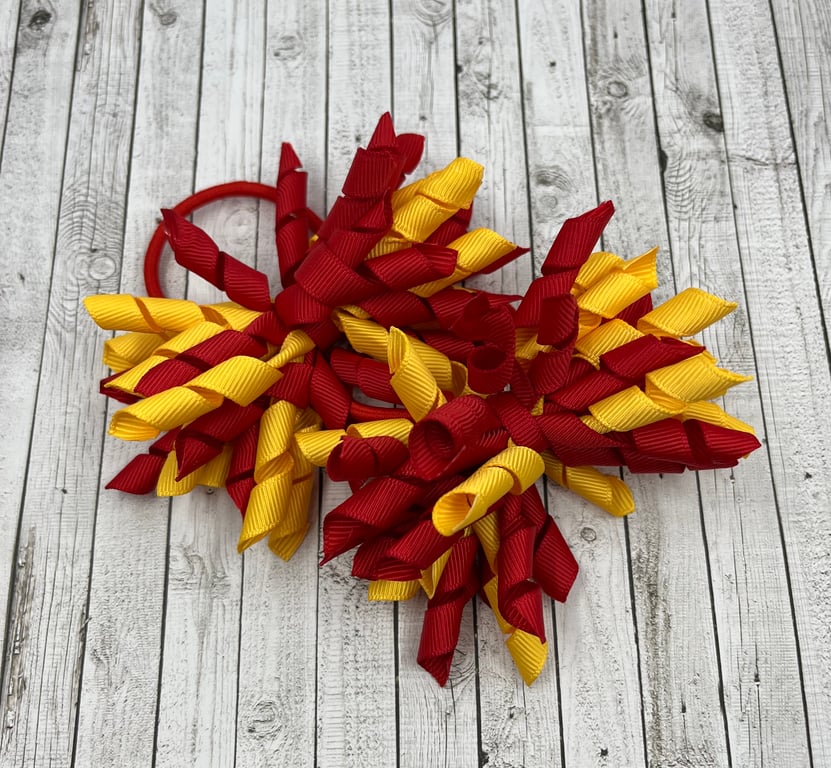 School 3 inch Red and Yellow Gold Curly Corkers on Elastics (pair)