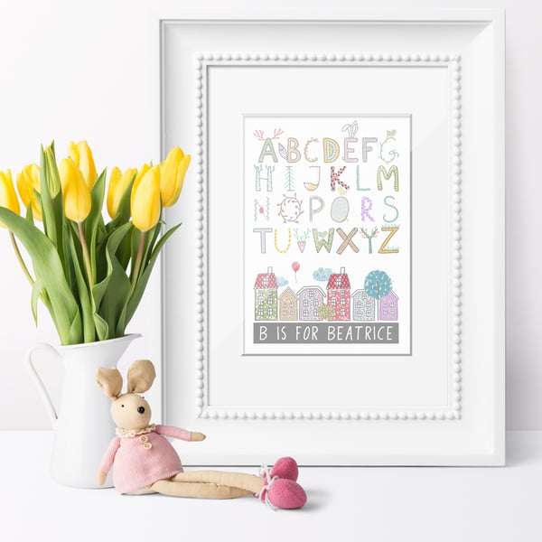 Personalised Alphabet Nursery Art Print, baby christening gift, nursery decor