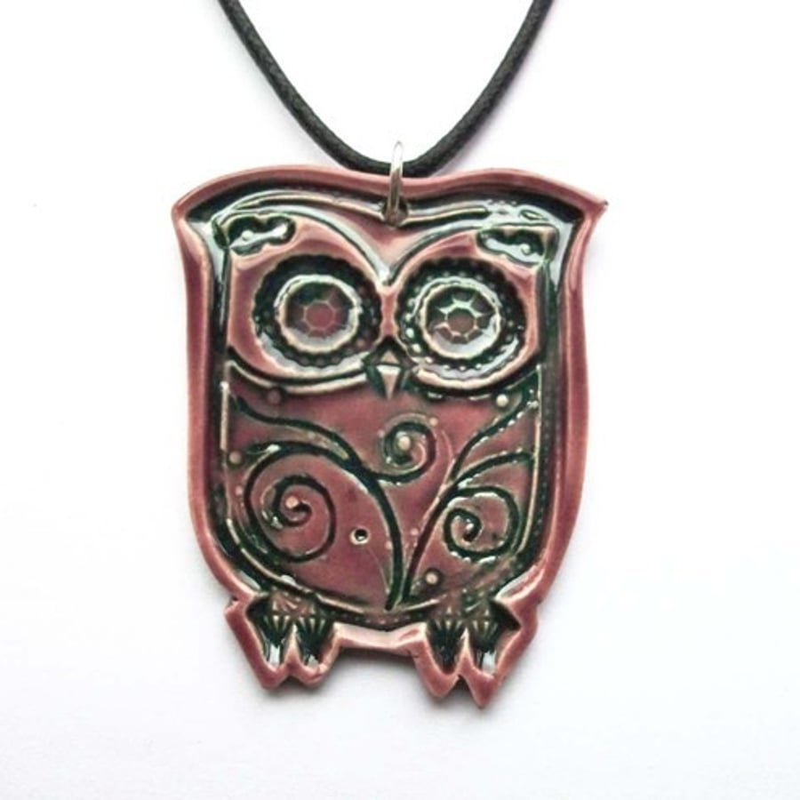 Plum ceramic owl necklace