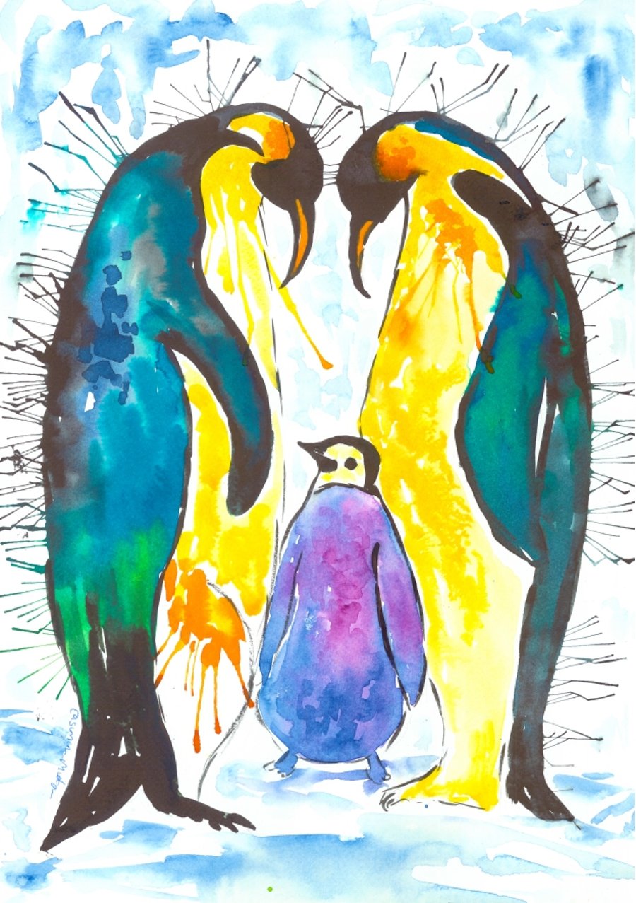 Mother,Father & Baby Penguins Greeting card greeting Card 5" x 7" Proud Parents"