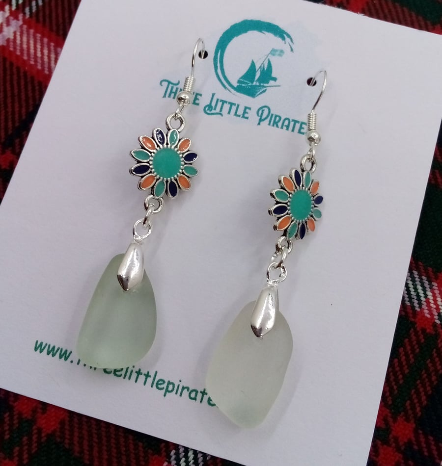 Dangly Scottish seaglass earrings with colourful enamel flowers