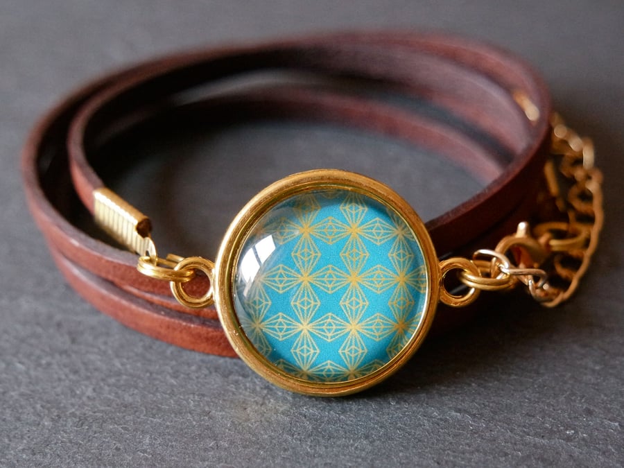 Leather Wrap Bracelet abstract pattern in gold turquoise
