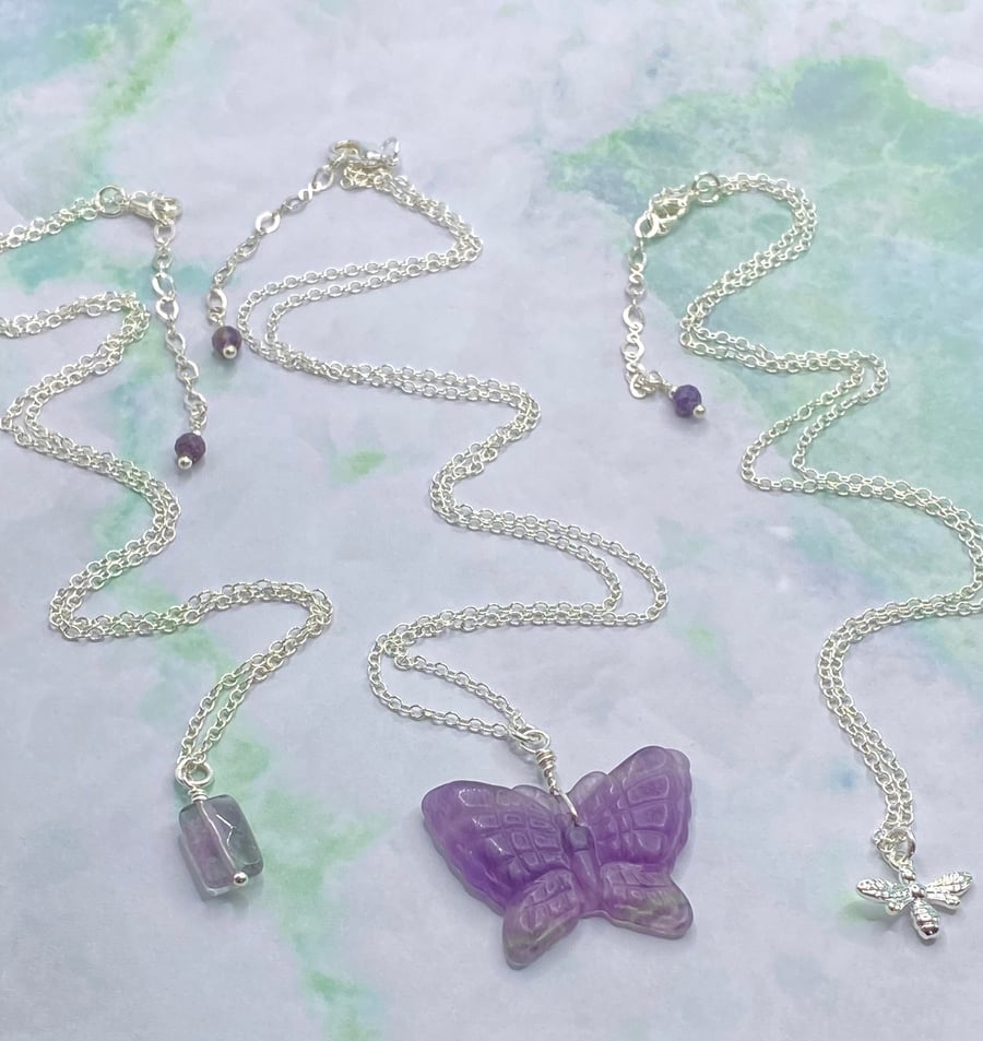 Set of 3 layered gemstone necklaces with butterfly and dragonfly charms