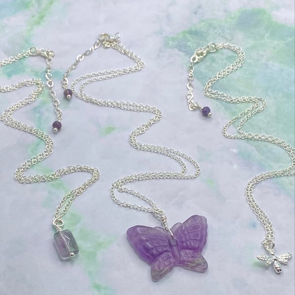 Set of 3 layered gemstone necklaces with butterfly and dragonfly charms