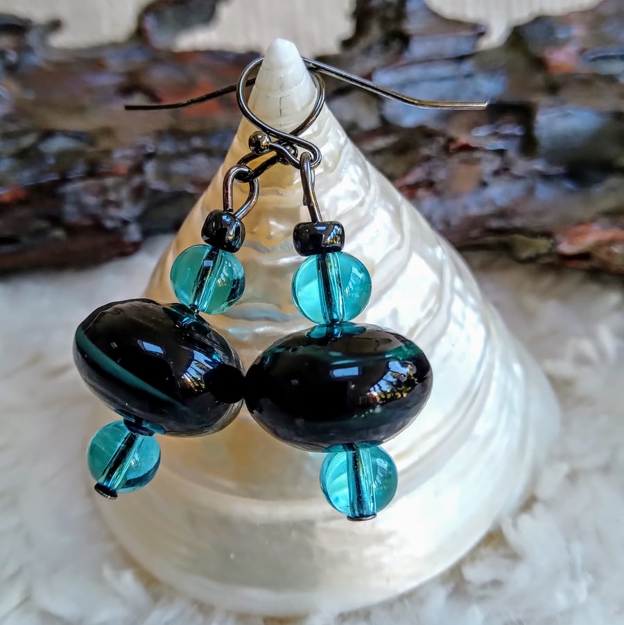 Funky black & teal Lampwork glass & bronze EARRINGS